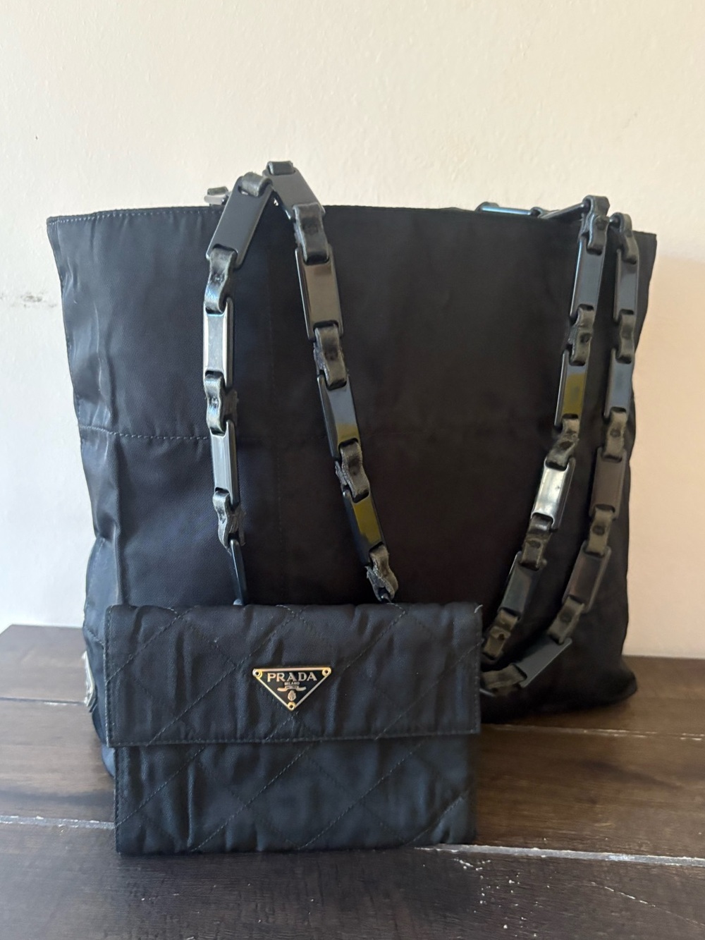 Prada Black Quilted Nylon Tote & Wallet Set